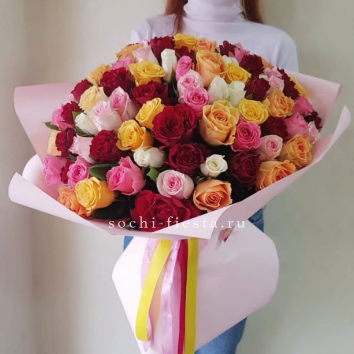 101 роза Кенийский микс "Нежность" в Южно-Сахалинске